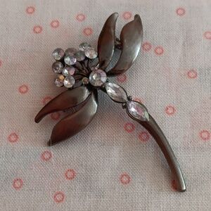 Pewter and Rhinestone Dragonfly Brooch